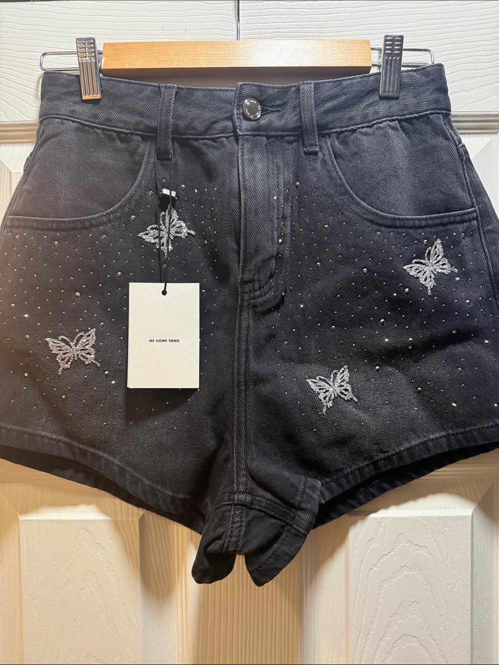 Black Butterfly Crystal Studded High-Waist Denim Shorts